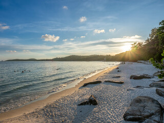 Seascape view with white sand, quiet beach, clear sea water, blue sky in summer of Koh Samet (Samet Isalnd) in Thailand
