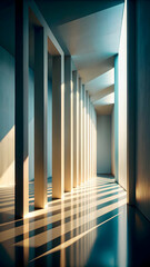 Naklejka premium Azure Hallway: Sunlight streams through a modern architectural hallway, casting dramatic shadows on the blue-toned floor and walls. 