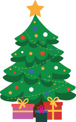 A festive Christmas tree adorned with colorful ornaments, surrounded by neatly wrapped presents in a vector illustration