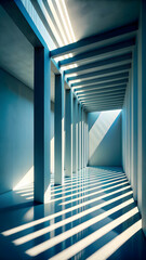 Azure Hallway: Sunlight streams through a modern architectural hallway, casting dramatic shadows on the blue-toned floor and walls. 