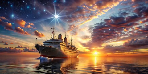 Fototapeta premium Cruising Through a Starry Sunset - A majestic cruise ship cuts through the deep blue waters, bathed in the golden glow of a fiery