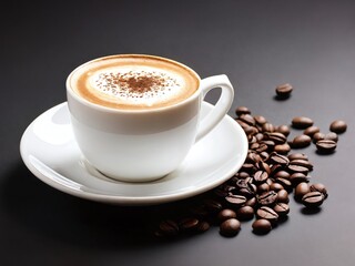 Warm coffee cup beside roasted beans on a dark surface, highlighting rich texture and inviting aroma in the morning light