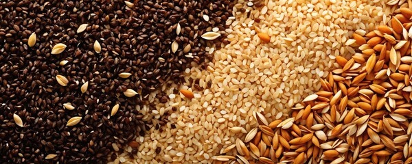 Obraz premium A vibrant assortment of various seeds displayed on a textured surface, showcasing their natural colors and shapes