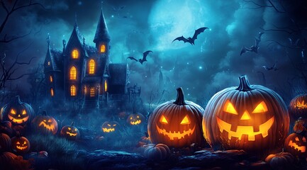 Spooky Halloween Night Scene with Haunted House and Full Moon