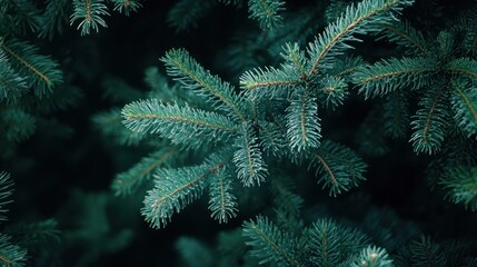 Beautiful Christmas Background with green fir tree brunch close up. Copy space, trendy moody dark toned design for seasonal quotes. Vintage December wallpaper. Natural winter holiday forest backdrop
