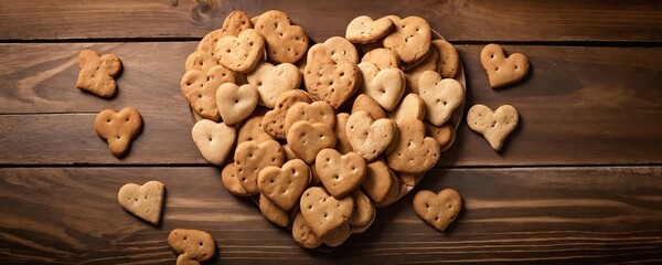 Fototapeta premium Heart-shaped arrangement of assorted cookies on a rustic wooden table, creating a warm and inviting atmosphere for a sweet treat