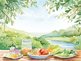 A colorful assortment of fresh vegetables and fruits on a wooden table overlooking a lush landscape under a clear sky