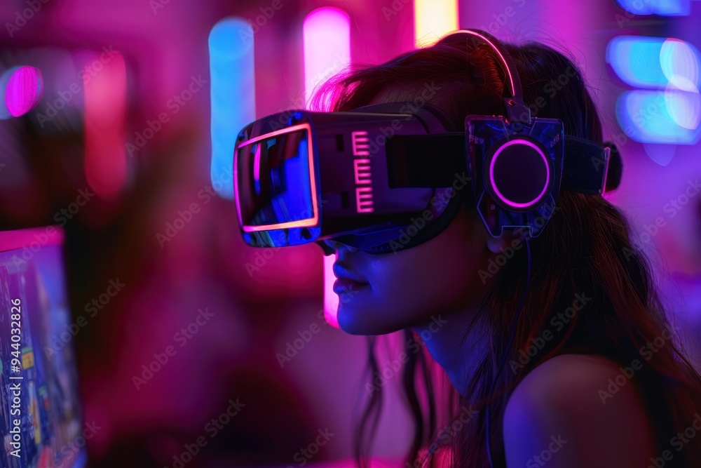 Poster A woman wearing a virtual reality headset is looking at a computer screen