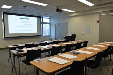 A classroom setup with tables, chairs, and a presentation screen for a training session.