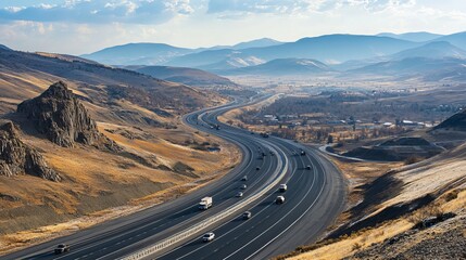 An asphalt road winds through a mountainous landscape, with vehicles of various sizes traversing its surface. A paved highway stretches out for transportation