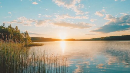 Fototapeta premium sunset at coast of the lake. Nature landscape. Nature in northern Europe. reflection, blue sky and yellow sunlight. landscape during sunset.