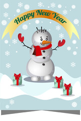 Happy new year card, merry christmas celebrations, traditions snowman, winter lanscape blue background
