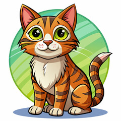 Fototapeta premium Cartoon Illustration of a Cute Tabby Cat with Big Green Eyes Sitting