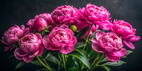 Obraz premium Fuchsia Peony Bouquet A Close-Up View of Delicate Blooms and Lush Green Foliage Against a Dark Background