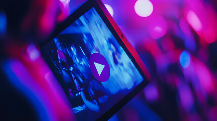 Vibrant digital tablet screen showcasing colorful game announcement trailer, play button visible, 