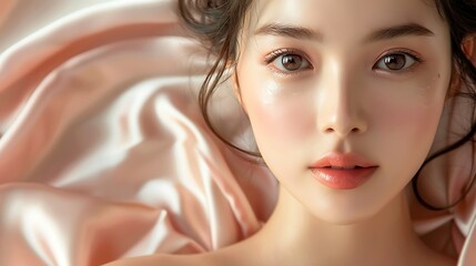 Close-up of a Japanese skincare model with smooth, glowing skin, silk fabric draped in the background, soft light, calm and serene expression, hd quality, natural look, elegant simplicity,