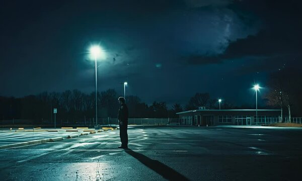 A lone man contemplates under streetlights in a deserted parking lot, with the moon partially veiled by clouds