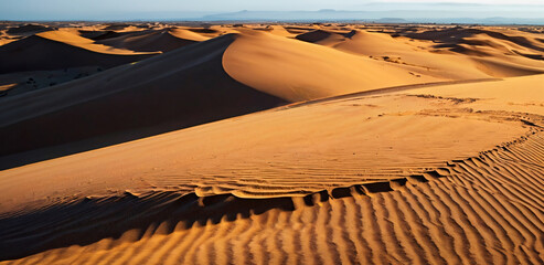 Majestic sand dunes, with sunlight casting dramatic shadows on the desert landscape