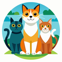 Obraz premium Three Friendly Cats Sitting Together in a Circular Landscape