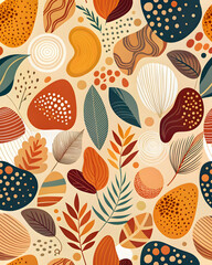 Autumnal Floral Pattern: A vibrant and playful seamless pattern featuring abstract floral motifs in warm, earthy tones, perfect for textile designs, wallpaper, and branding.  