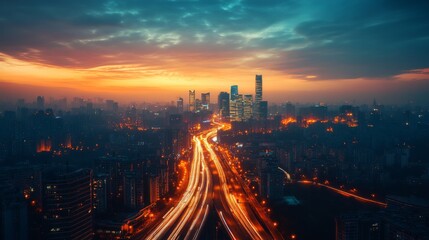 Obraz premium Stunning Cityscape at Dusk Showing Trail Lights