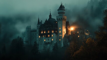 Obraz premium Majestic Castle Shrouded in Mist at Dusk: castle