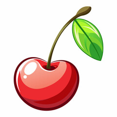 A Single Red Cherry with a Green Leaf and Stem