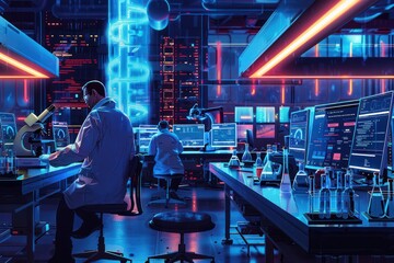 A man is sitting at a computer in a lab with other people