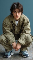 Young Man in Green Jacket and Pants Sitting on Concrete