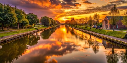 Fototapeta premium Golden Hour Reflections A Serene Sunset Over a Canal, Captured with a Wide-Angle Lens, showcasing the vibrant colors of the sky