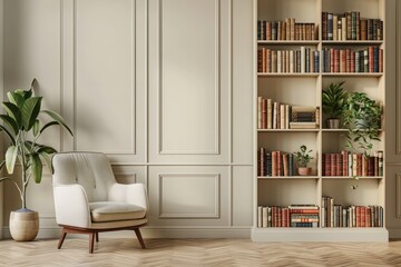 Fototapeta premium A white chair sits in front of a bookcase filled with books