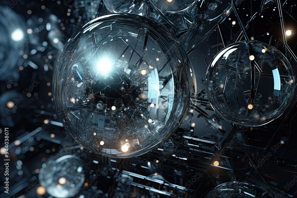Poster Abstract burst of wires and particles on technology background. Scientific abstraction with mess of wires.