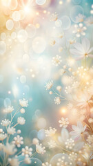 Enchanted Garden: A dreamy, pastel-hued backdrop of delicate white flowers and shimmering bokeh, creating an ethereal and romantic atmosphere.  