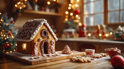 a warm kitchen featuring homemade christmas cookies and a charming gingerbread house, capturing the essence of holiday desserts