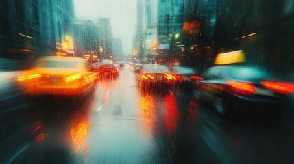 Blurred cityscape with stalled cars during a heavy downpour, creating an abstract and atmospheric visual impression. 