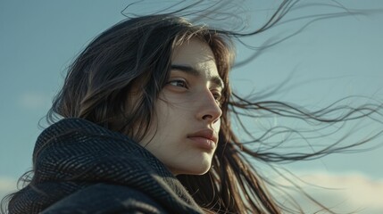 Fototapeta premium A young woman with long hair, gazing thoughtfully into the distance, captured against a cloudy sky background