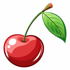 A Single Red Cherry with a Green Leaf and Stem