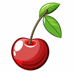 A Single Red Cherry with a Green Stem and Two Leaves