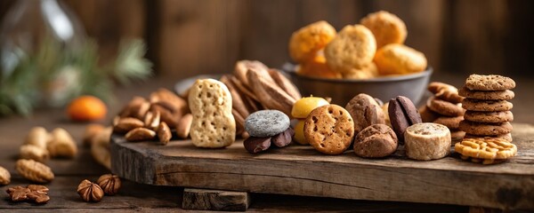 Assorted homemade cookies arranged on a rustic wooden board in a cozy kitchen setting during a sunny afternoon