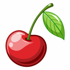 A Single Red Cherry with a Green Stem and Leaf