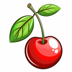 Single Red Cherry with Green Stem and Two Leaves