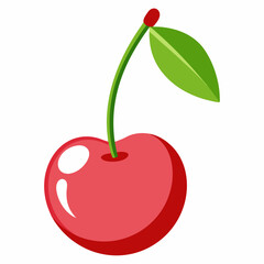 Single Red Cherry with Green Stem and Leaf