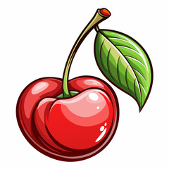 A Single Red Cherry with a Green Leaf and Stem