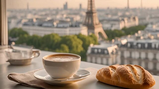 Parisian Cafe Breakfast with Eiffel Tower View