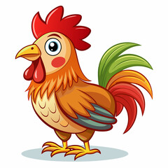 Cartoon Rooster Illustration with Red Crest and Tail Feathers