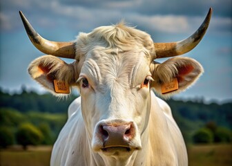 Close-up of a majestic white bull's head showcasing strong facial features, distinctive ears, and a powerful build, conveying rural farm or countryside surroundings.