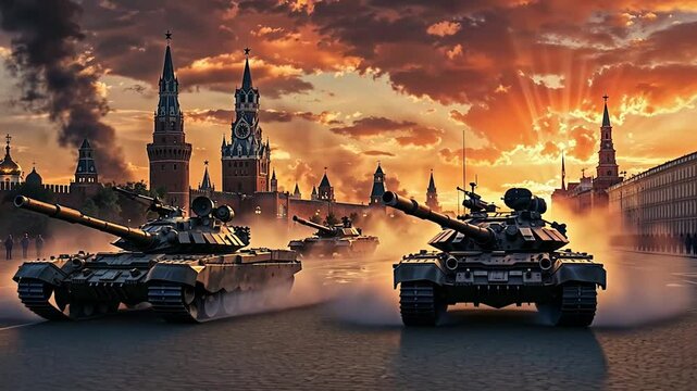 Tanks parading at sunset before Moscow's Kremlin. Dramatic orange sky illuminates iconic spires and domes, while armored vehicles cast long shadows on Red Square's cobblestones