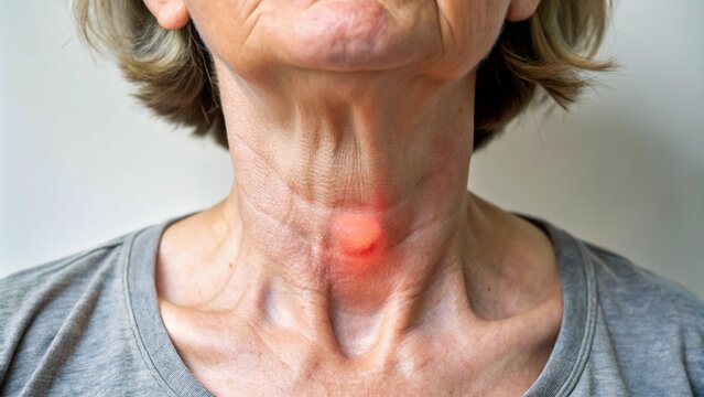 Close-up of a goiter, an enlarged thyroid gland, on a neck, indicating iodine deficiency, a common health issue in regions with iodine-poor soil and water.