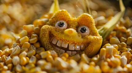 Fototapeta premium An eager popped corn seed is depicted in the smiley