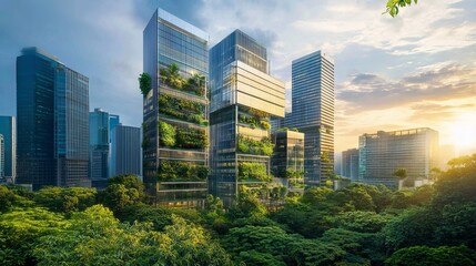 Obraz premium City skylines blend glass and greenery, showcasing modern architecture that seamlessly integrates with nature. Urban landscapes embrace eco-friendly designs